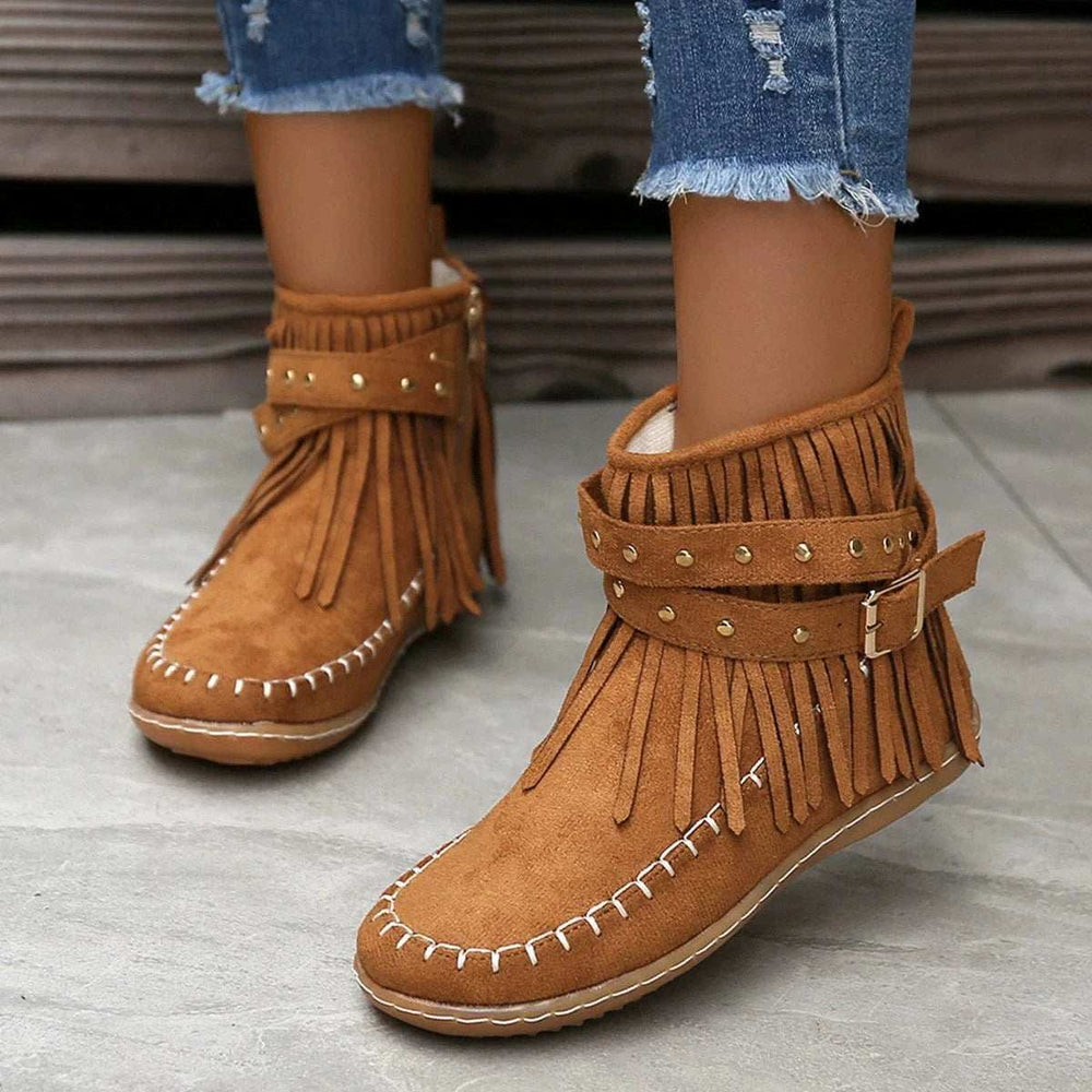 Fringe Studded Suede Flat Boots - Trendsi - Flyclothing LLC