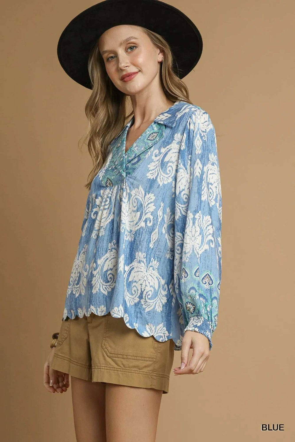 Umgee Printed Long Sleeve Blouse - Trendsi - Flyclothing LLC