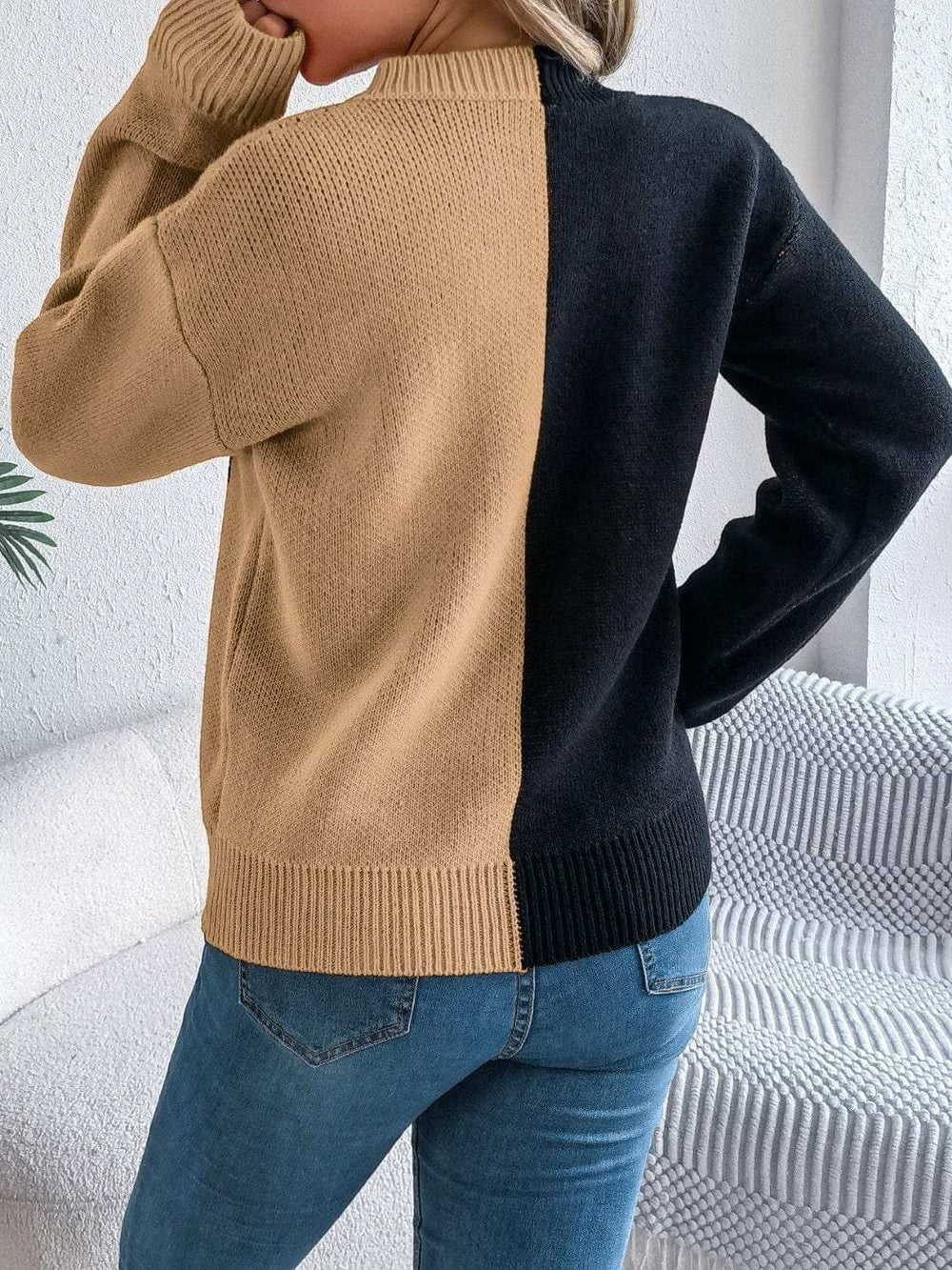 Contrast Round Neck Long Sleeve Sweater - Trendsi - Flyclothing LLC