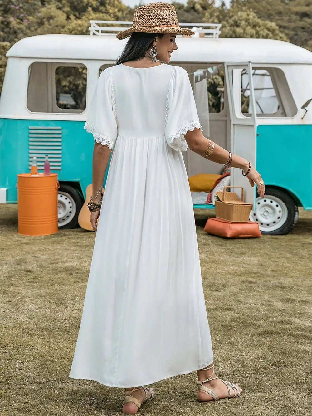 Lace Detail Eyelet V-Neck Half Sleeve Dress - Trendsi - Flyclothing LLC