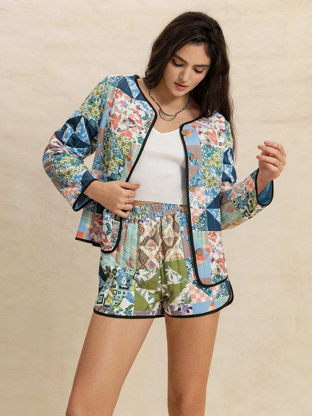 Printed Button Up Long Sleeve Outerwear and Shorts Set - Trendsi - Flyclothing LLC