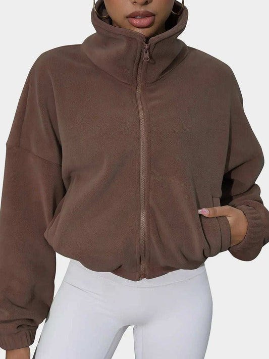 Drawstring Turtleneck Zip Up Long Sleeve Jacket - Trendsi - Flyclothing LLC