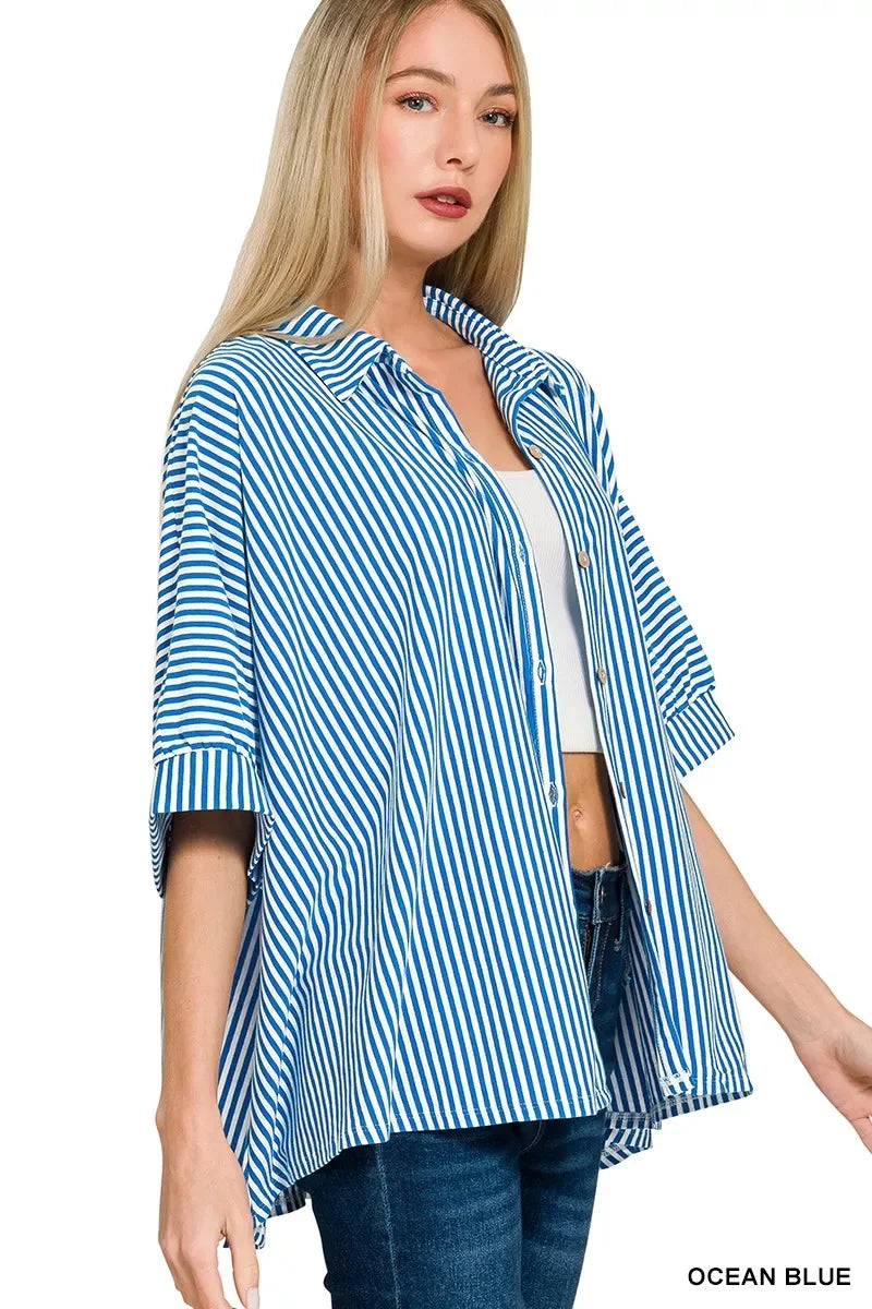 Zenana Oversized Stripe Button Down Shirt - Trendsi - Flyclothing LLC