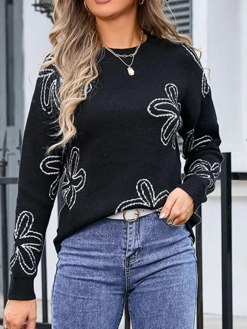 Flower Round Neck Dropped Shoulder Sweater - Trendsi - Flyclothing LLC