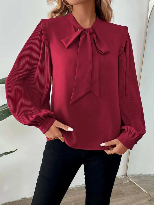 Perfee Frill Tie Neck Long Sleeve Blouse - Trendsi - Flyclothing LLC