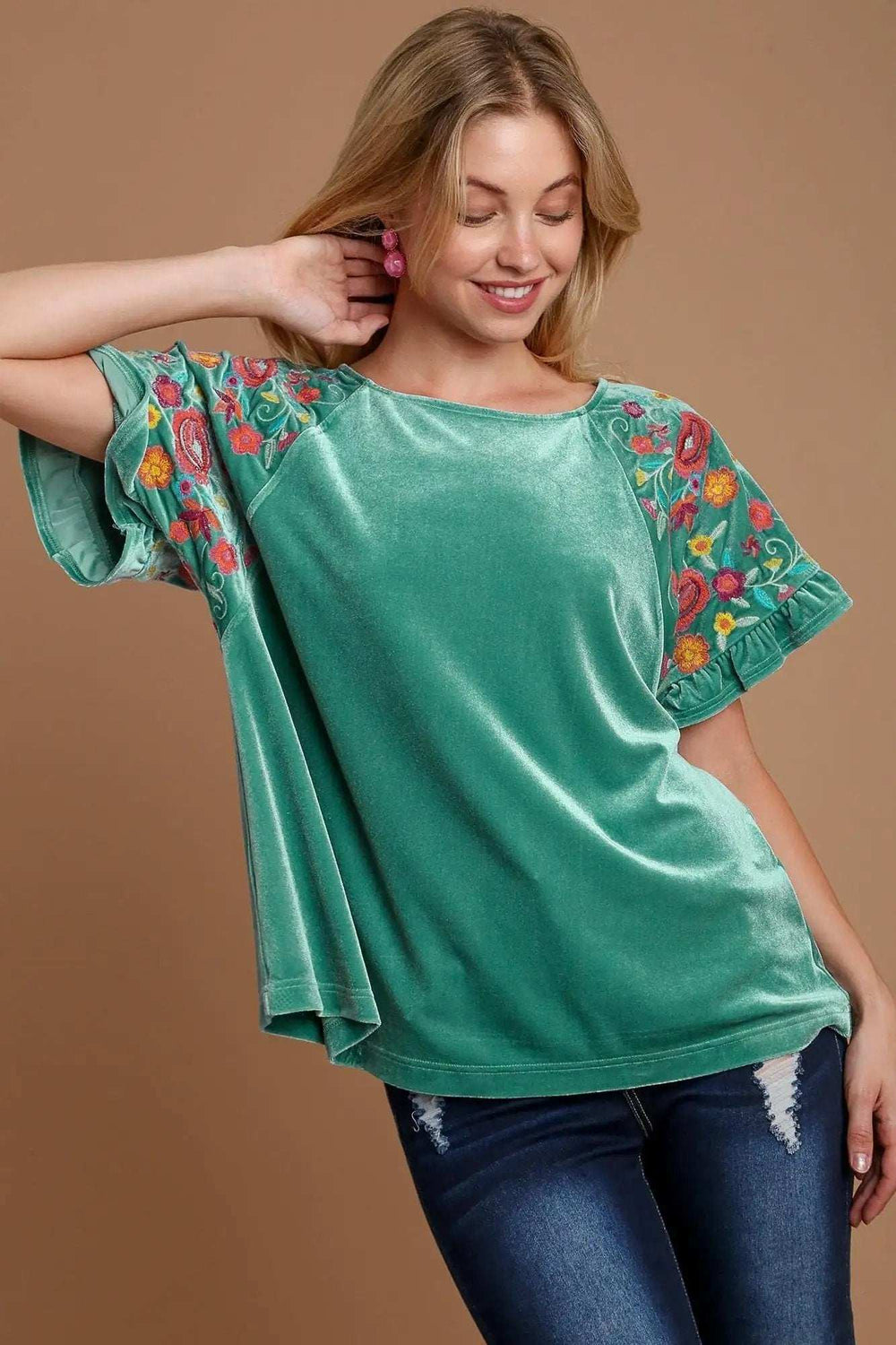 Umgee Velvet Embroidery Short Sleeve Blouse - Trendsi - Flyclothing LLC