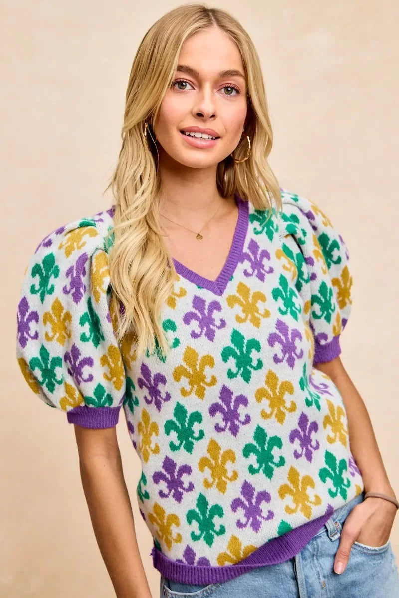 BiBi Mardi Gras Fleur De Lis Patterned V Neck Knit Top - Trendsi - Flyclothing LLC