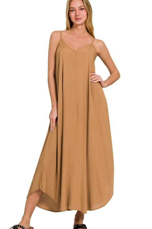 Zenana Woven Arc Hem Cami Dress With Flowy Pockets - Trendsi - Flyclothing LLC