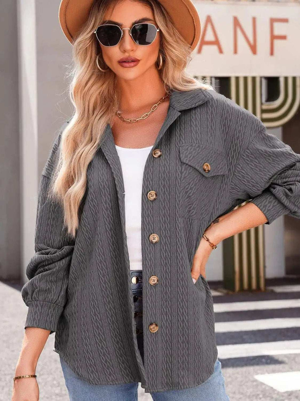 Textured Button Up Long Sleeve Shacket - Trendsi - Flyclothing LLC