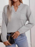 Pocketed Notched Long Sleeve Knit Top - Trendsi - Flyclothing LLC