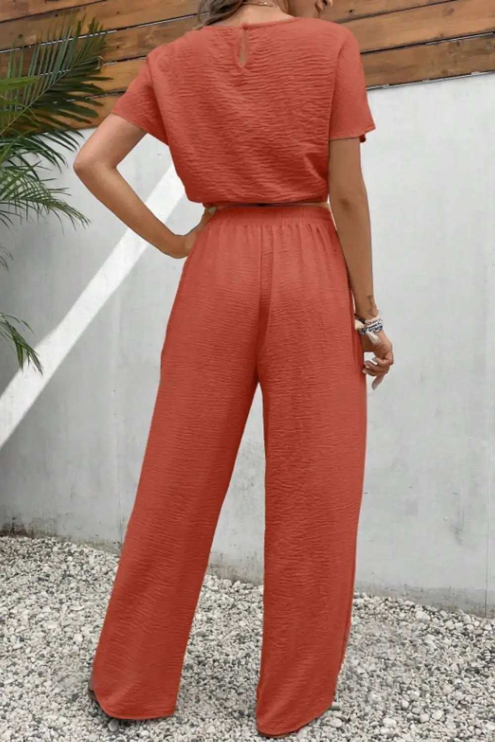 Round Neck Short Sleeve Top and Pants Set - Trendsi - Flyclothing LLC