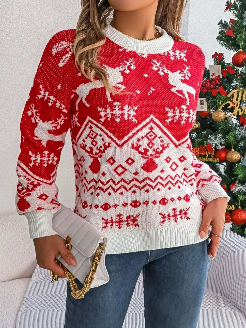 Christmas Element Round Neck Long Sleeve Sweater - Trendsi - Flyclothing LLC