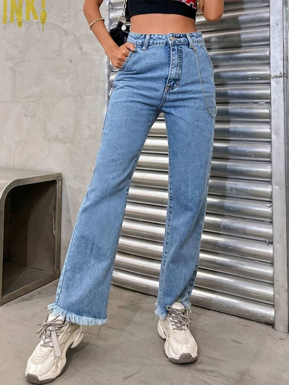 Raw Hem Jeans with Pockets - Trendsi - Flyclothing LLC