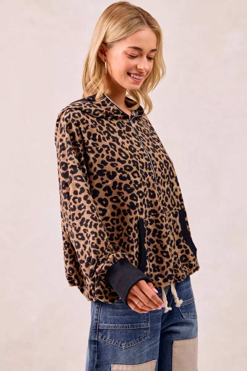 BiBi Leopard Print Waffle Half Zip Up Hoodie W Pocket - Trendsi - Flyclothing LLC