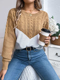 Cable-Knit Color Block Round Neck Sweater - Trendsi - Flyclothing LLC