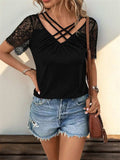 Lace Detail V-Neck Short Sleeve T-Shirt - Trendsi - Flyclothing LLC