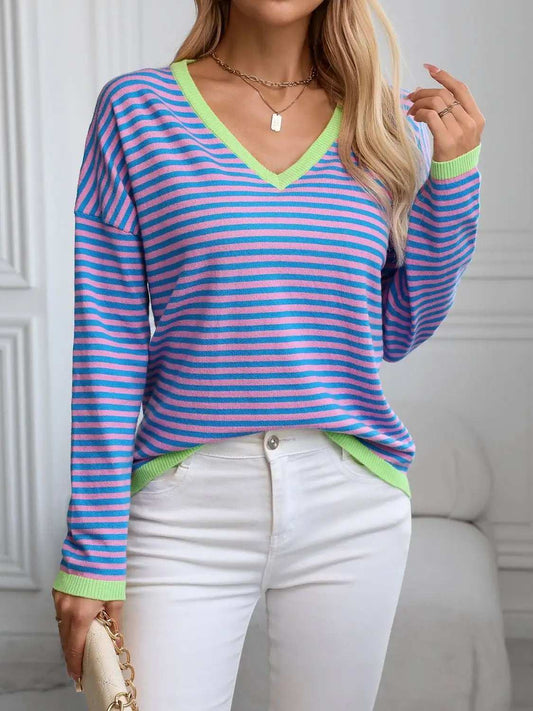 Contrast Trim Striped V-Neck Long Sleeve Knit Top - Trendsi - Flyclothing LLC