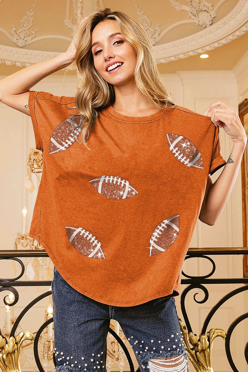 BiBi Football Sequin Embroidery Vintage Washed Top - Trendsi - Flyclothing LLC