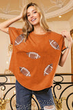 BiBi Football Sequin Embroidery Vintage Washed Top - Trendsi - Flyclothing LLC