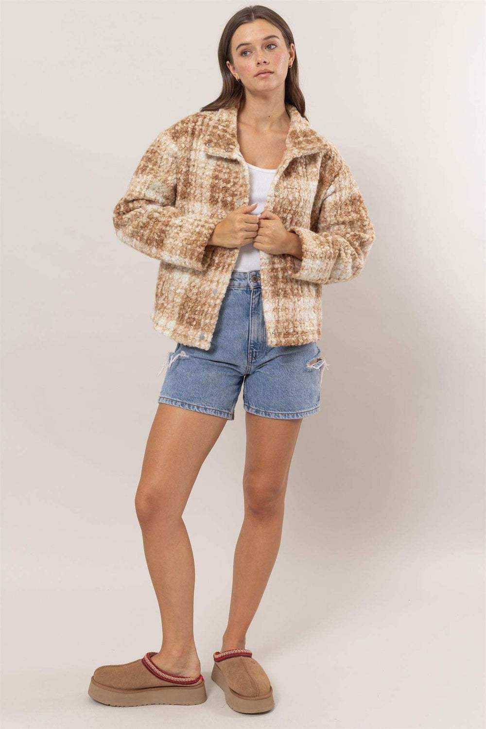 HYFVE Plaid Collared Neck Boucle Jacket with Pockets - Trendsi - Flyclothing LLC