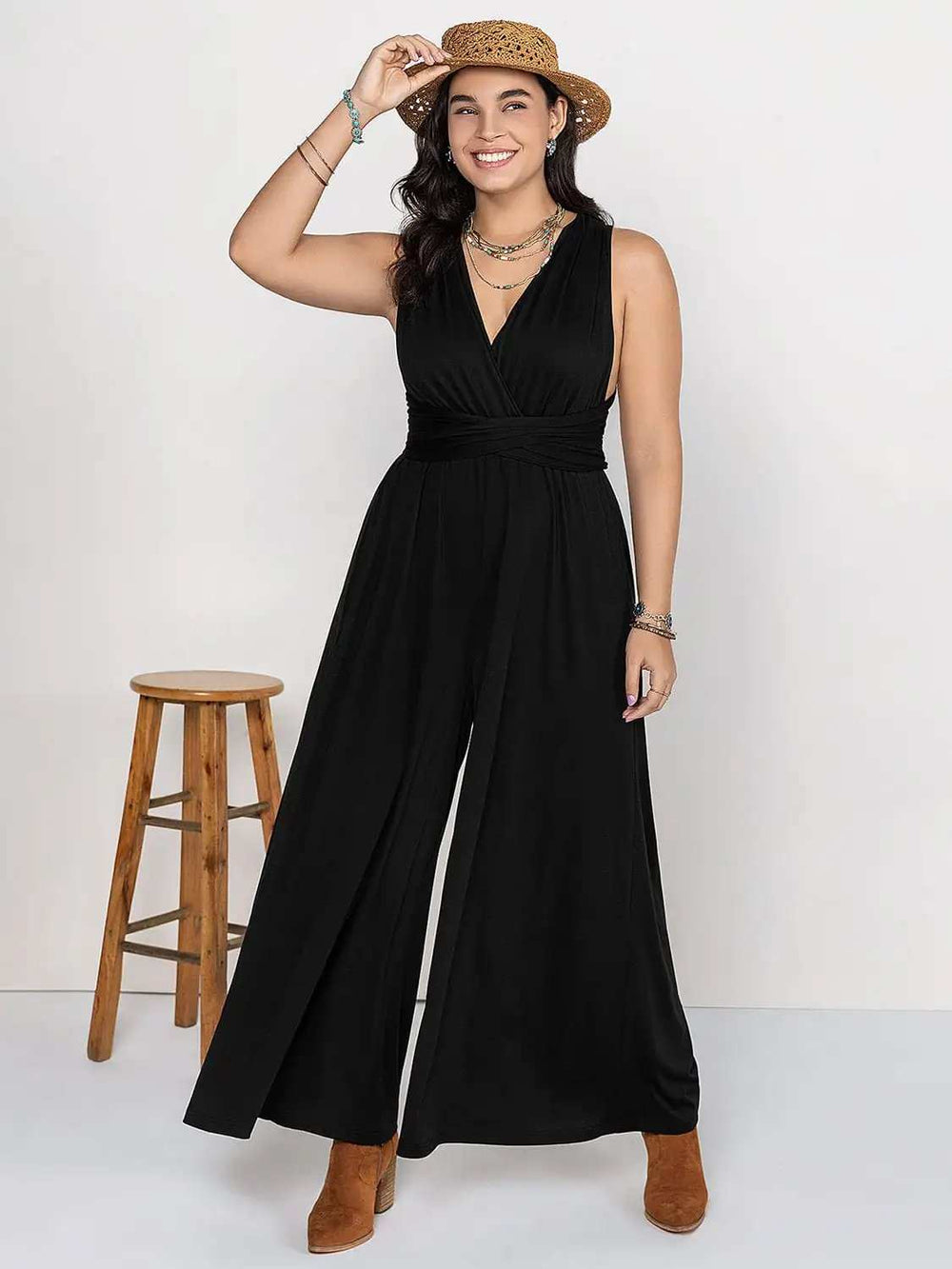 Plus Size V-Neck Wide Leg Jumpsuit - Trendsi - Flyclothing LLC