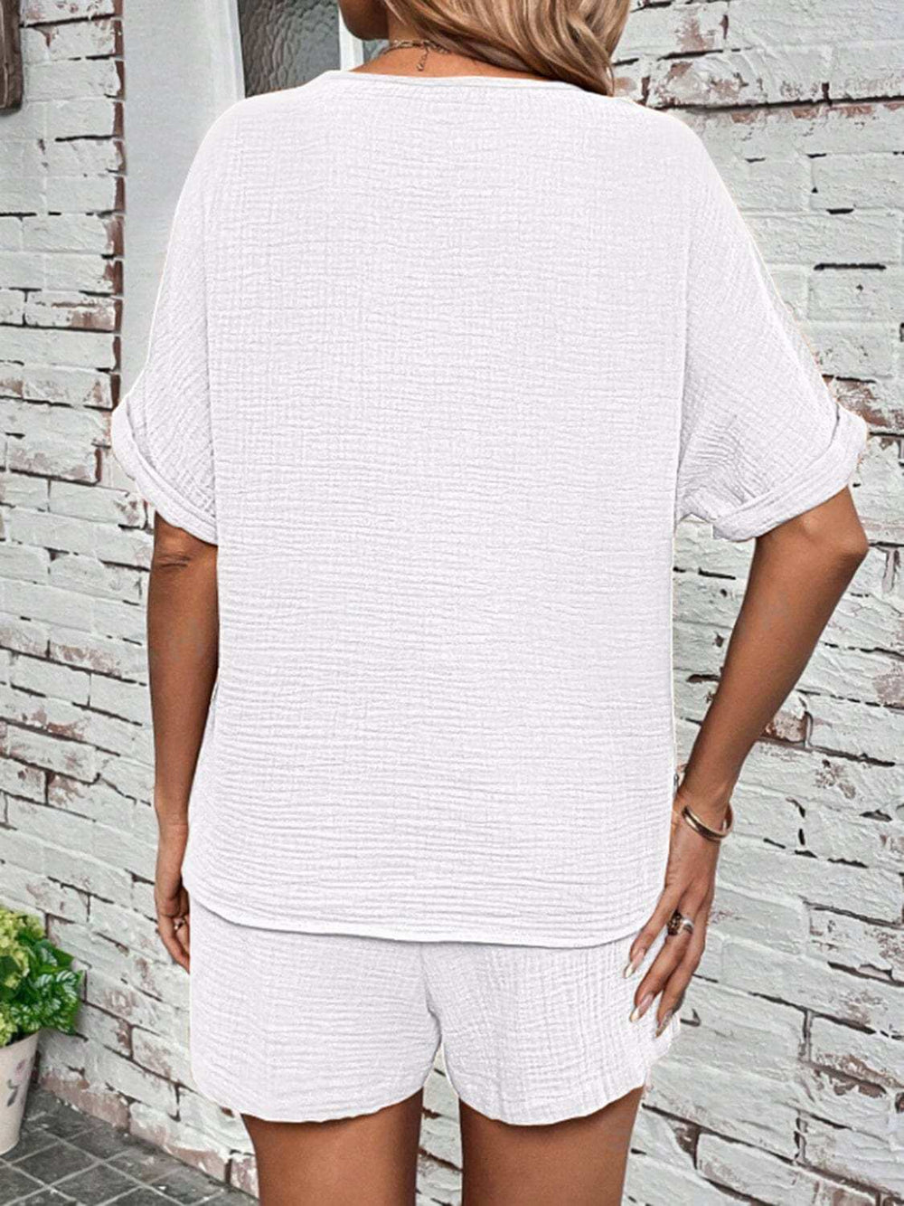 Notched Half Sleeve Top and Shorts Set - Trendsi - Flyclothing LLC