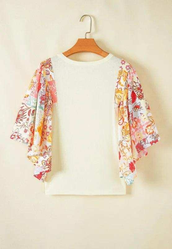 Printed Round Neck Flutter Sleeve Blouse - Trendsi - Flyclothing LLC