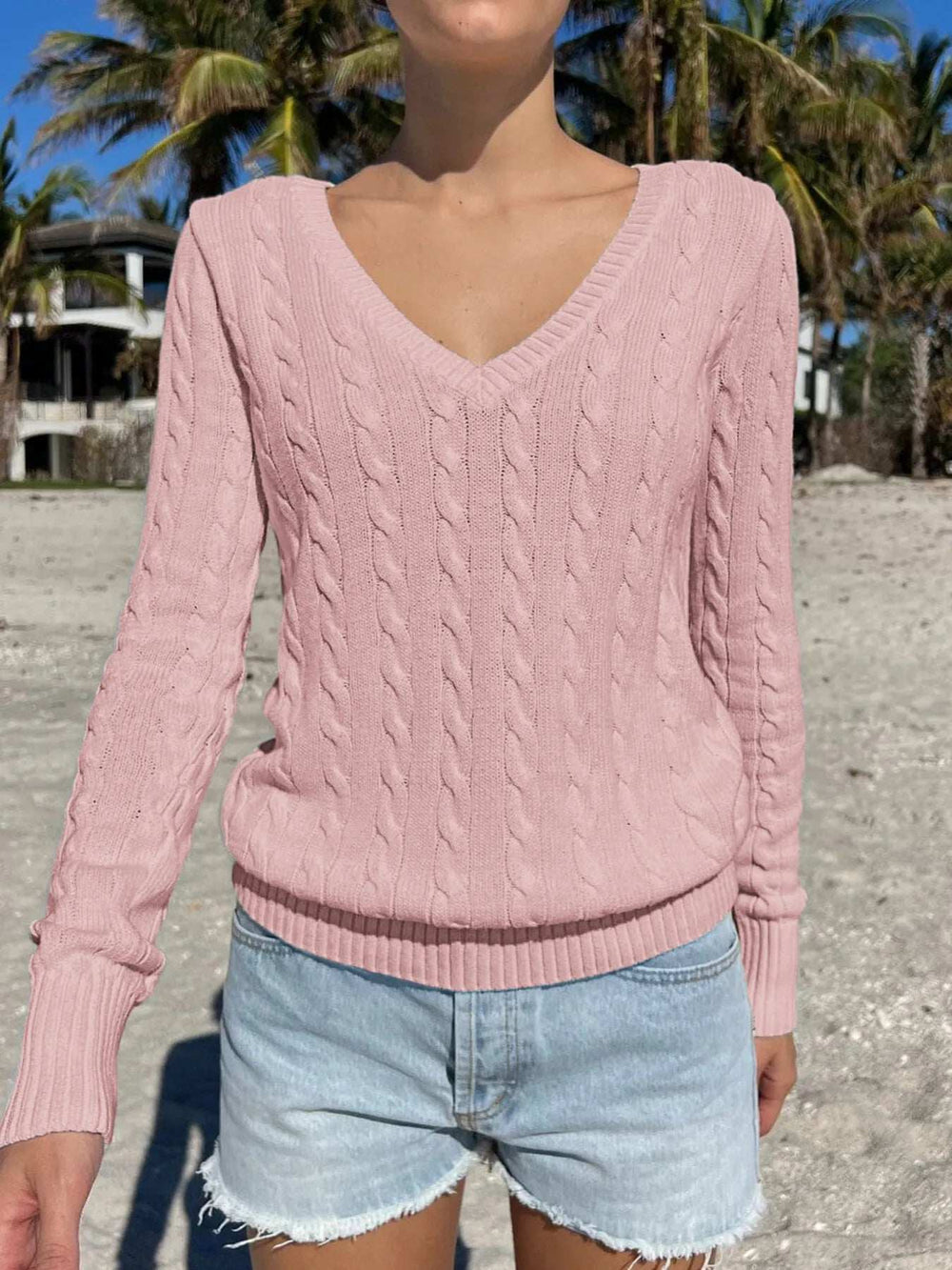 Cable Knit V-Neck Sweater - Trendsi - Flyclothing LLC