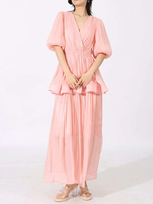 Layered Surplice Puff Sleeve Maxi Dress - Trendsi - Flyclothing LLC