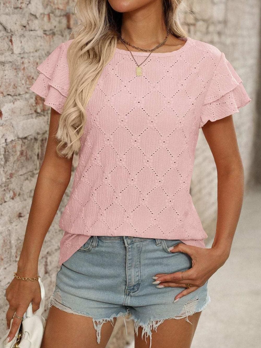 Eyelet Round Neck Double Layered Ruffled Short Sleeve Top - Trendsi - Flyclothing LLC