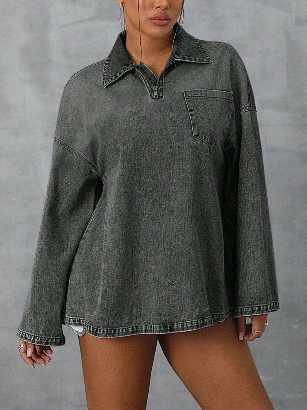 Collared Neck Drop Shoulder Denim Top - Trendsi - Flyclothing LLC