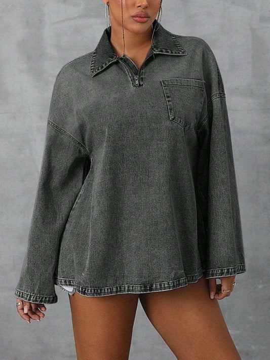 Collared Neck Drop Shoulder Denim Top - Trendsi - Flyclothing LLC