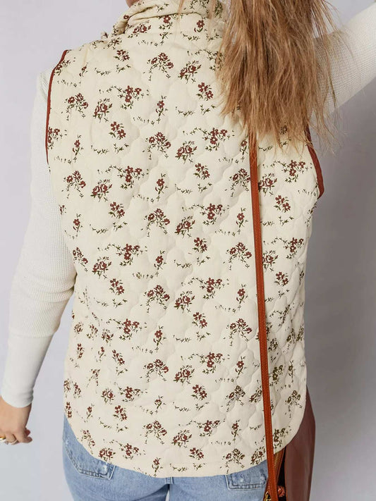 Floral Print Zip Up Quilted Vest - Trendsi - Flyclothing LLC