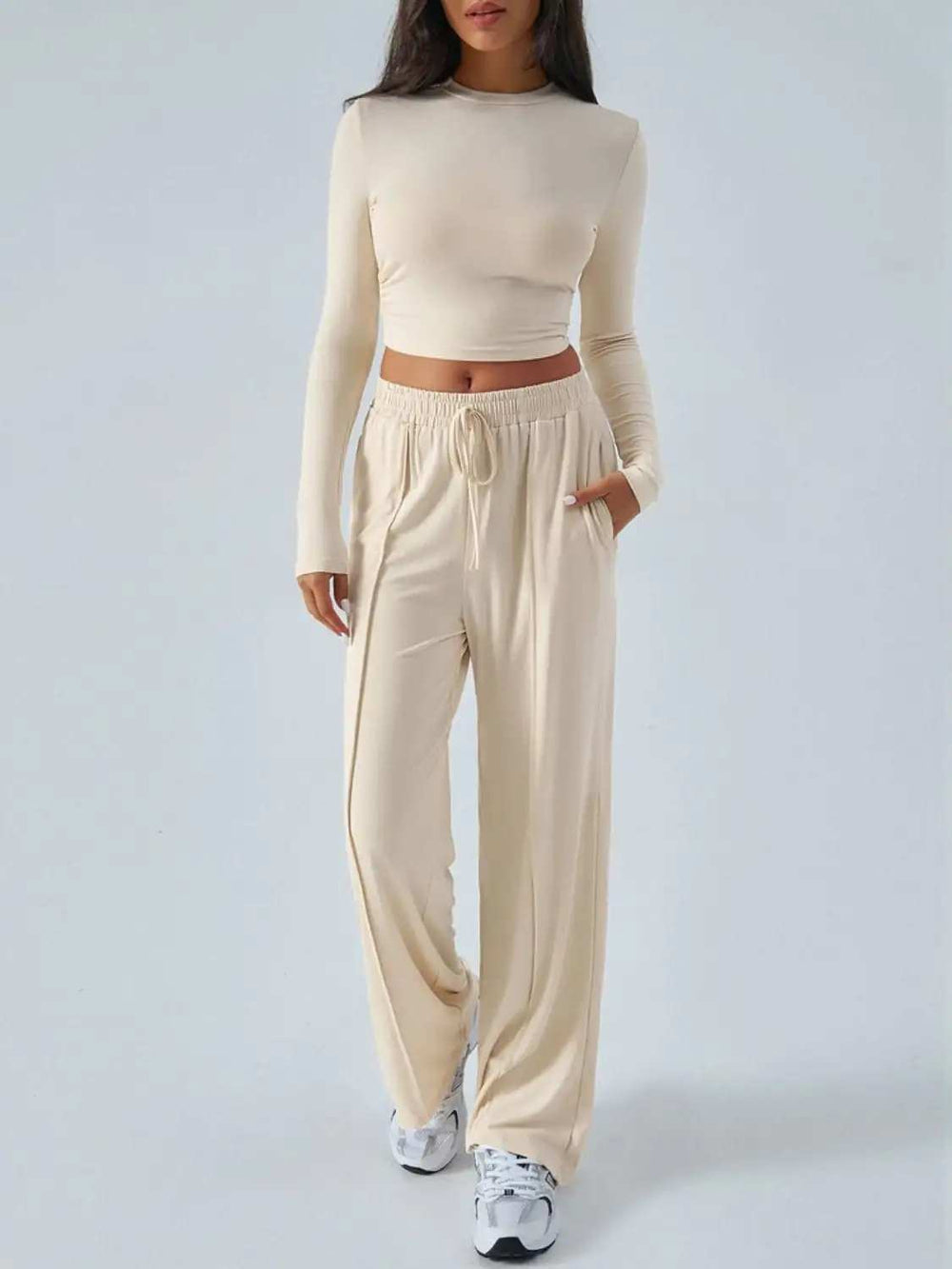 Devine Round Neck Long Sleeve Top and Pants Set - Trendsi - Flyclothing LLC