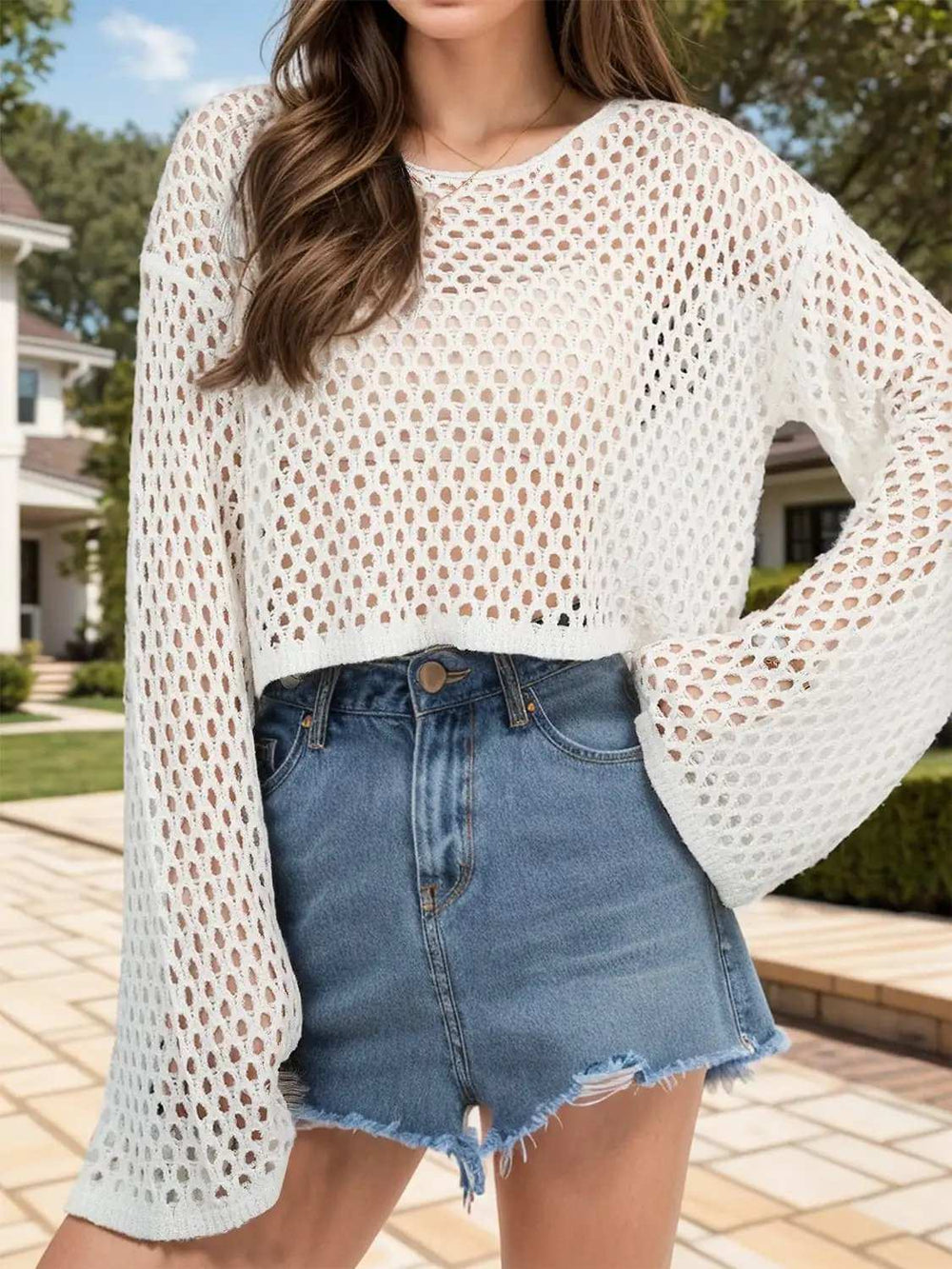 Openwork Round Neck Long Sleeve Cover Up - Trendsi - Flyclothing LLC