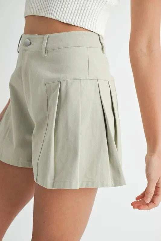 MABLE Pleated High Waist Twill Shorts - Trendsi - Flyclothing LLC