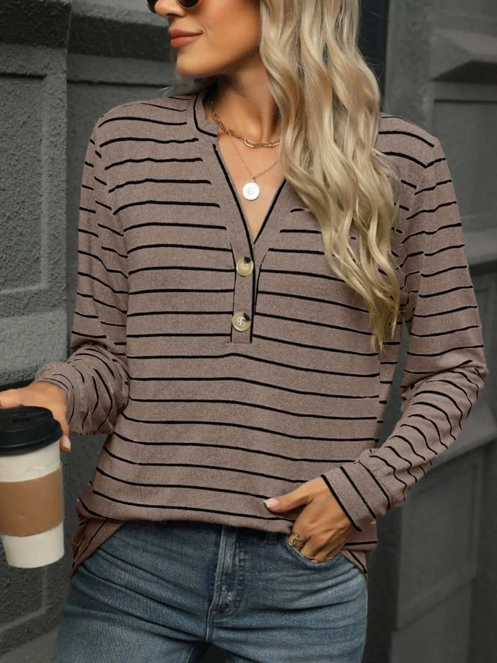 Striped Notched Long Sleeve T-Shirt - Trendsi - Flyclothing LLC