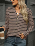 Striped Notched Long Sleeve T-Shirt - Trendsi - Flyclothing LLC
