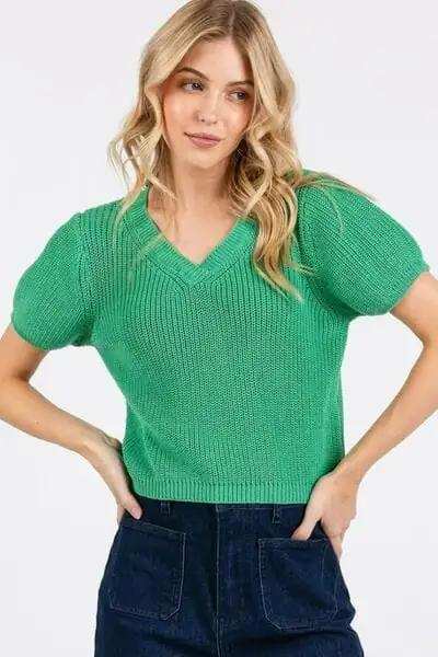 Mittoshop V-Neck Short Sleeve Crop Sweater - Trendsi - Flyclothing LLC