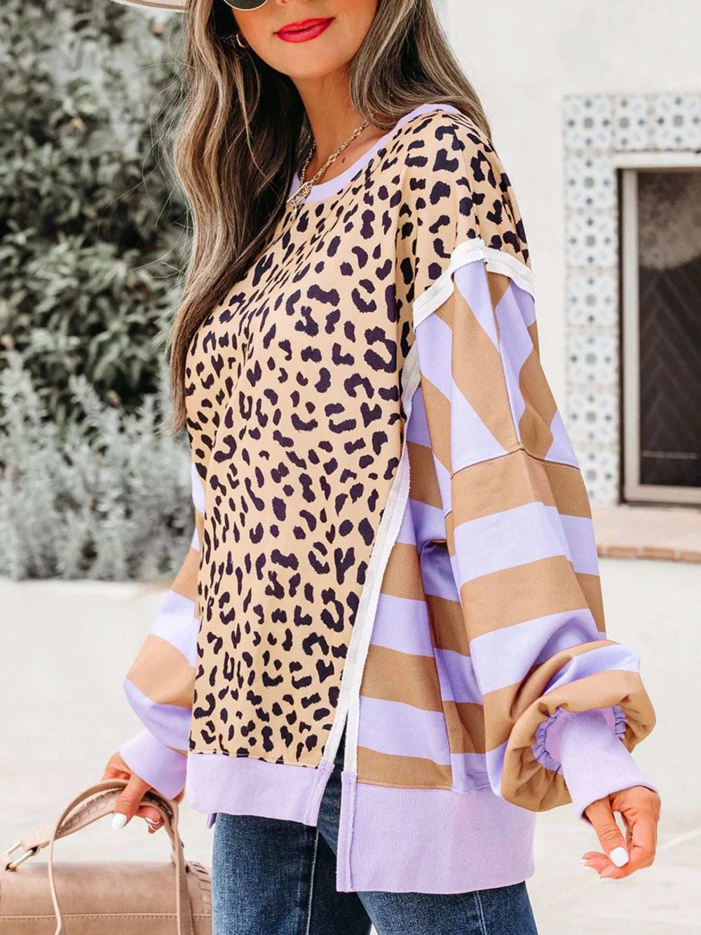 Stripe Color Block Patchwork Leopard Casual Sweatshirt with Slits - Trendsi - Flyclothing LLC