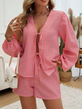 Tied Long Sleeve Top and Shorts Set - Trendsi - Flyclothing LLC