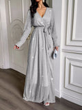 Glittering Surplice Long Sleeve Slit Maxi Dress - Trendsi - Flyclothing LLC