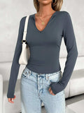 Notched Long Sleeve T-Shirt - Trendsi - Flyclothing LLC