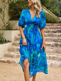 Smocked Printed V-Neck Half Sleeve Midi Dress - Trendsi - Flyclothing LLC