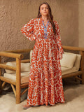 Plus Size Printed Notched Long Sleeve Maxi Dress - Trendsi - Flyclothing LLC
