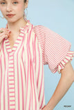 Umgee Striped Notched Top with Short Flutter Sleeves - Trendsi - Flyclothing LLC
