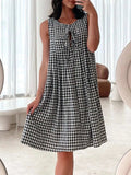Tied Front Sleeveless Plaid Dress - Trendsi - Flyclothing LLC