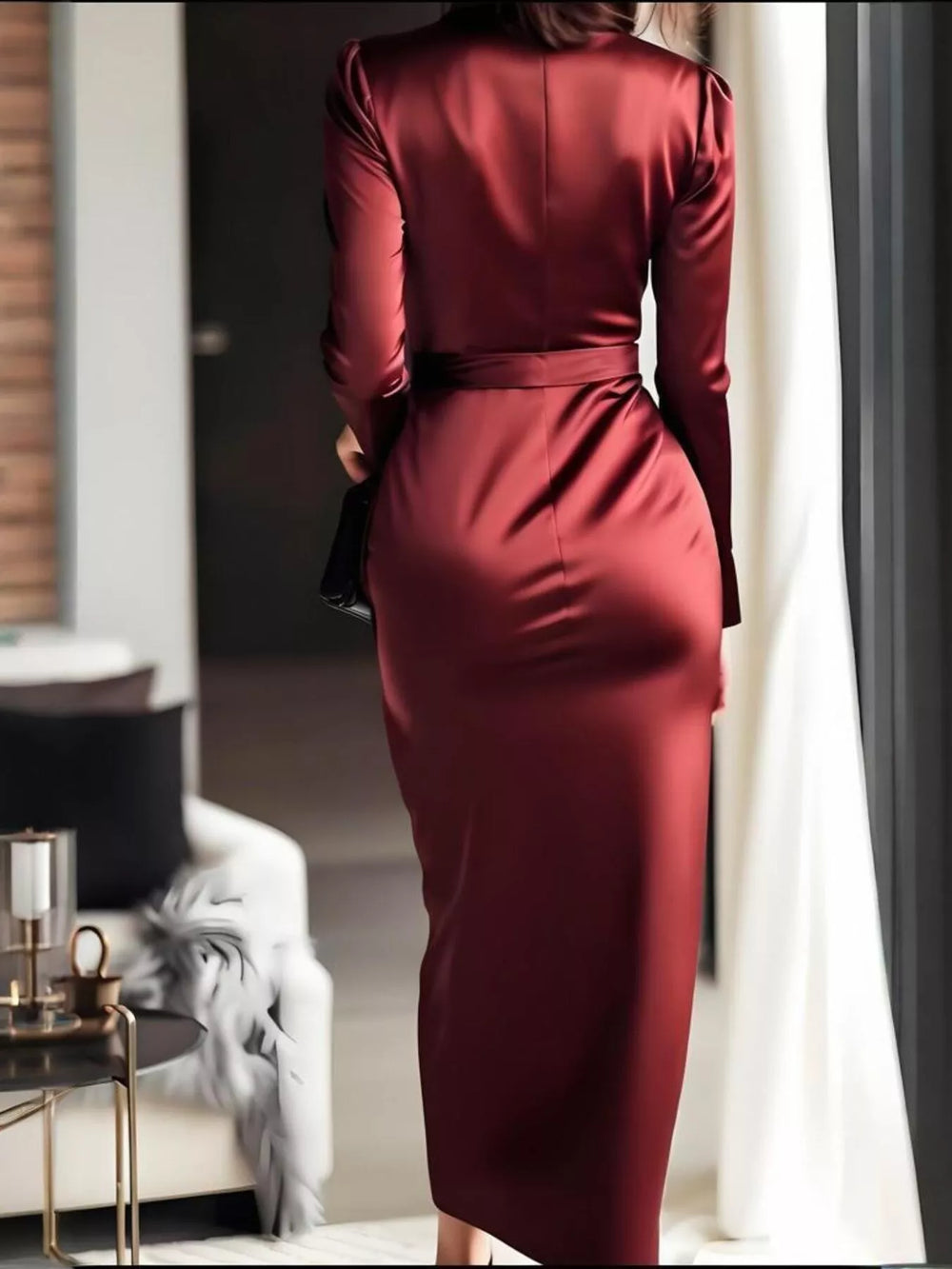 Surplice Satin Long Sleeve Dress - Trendsi - Flyclothing LLC