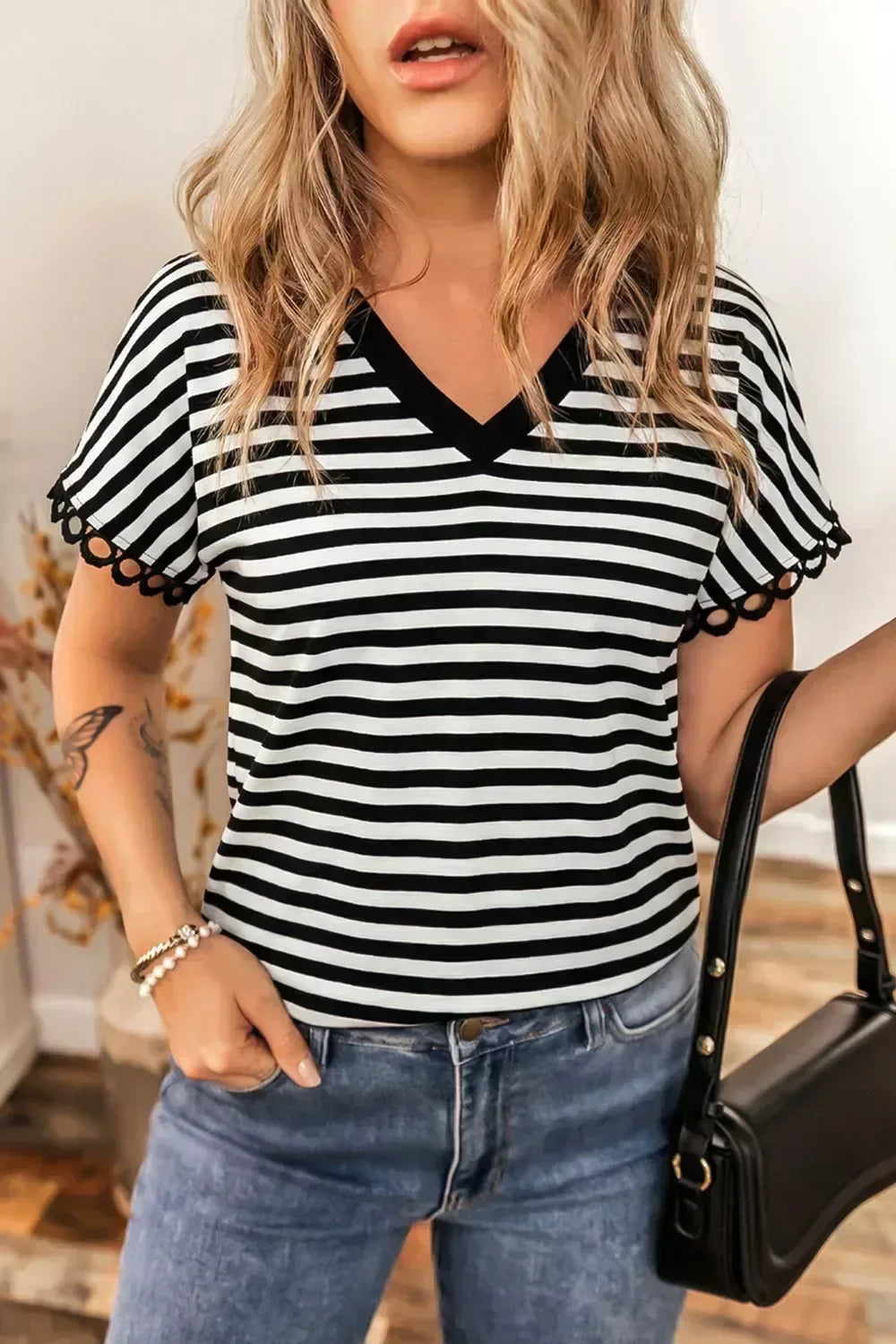 Striped Print V Neck Delicate Trim Casual Tee - Trendsi - Flyclothing LLC