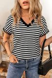 Striped Print V Neck Delicate Trim Casual Tee - Trendsi - Flyclothing LLC